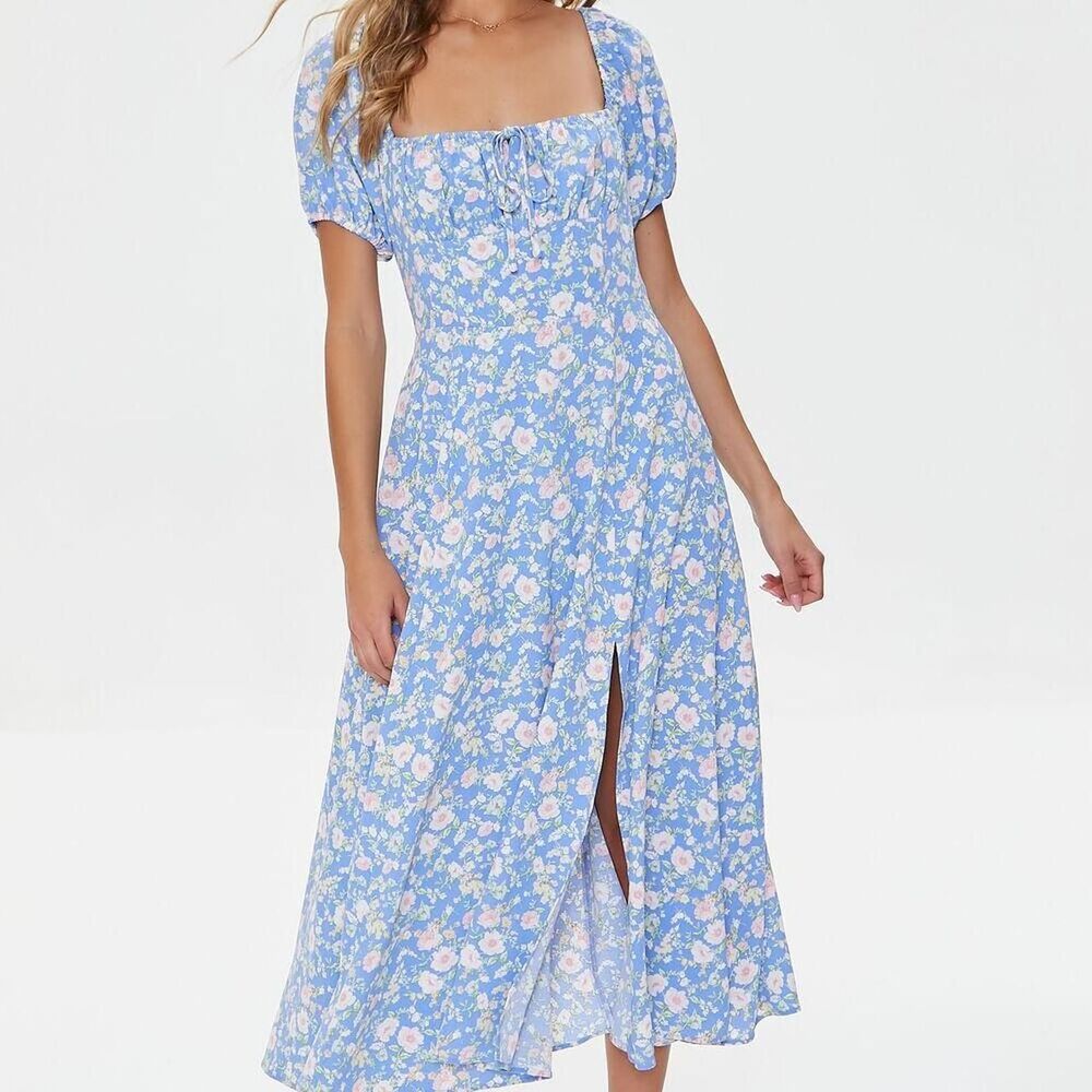 Baby Blue Floral Print Midi Dress